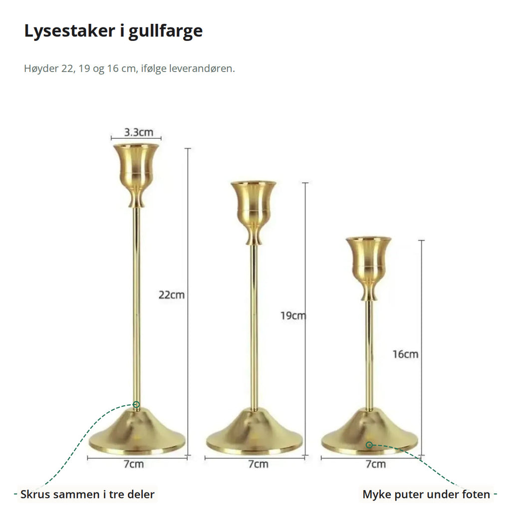 Tre lysestaker i gull med målene 22, 19 og 16 cm, fot 7 cm og lyskopp 3,3 cm