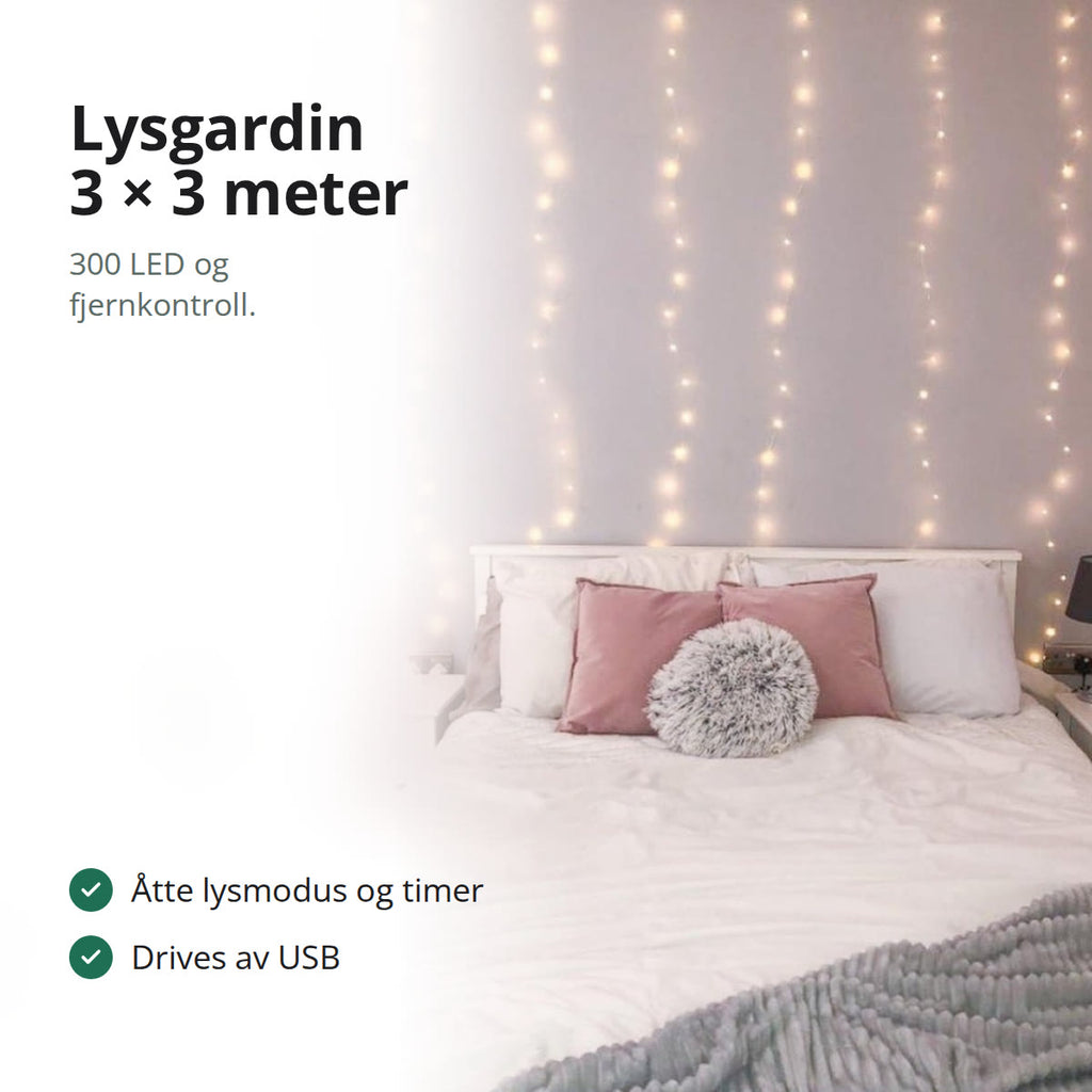 Lysgardin med varmhvite LED-lys på veggen bak en seng