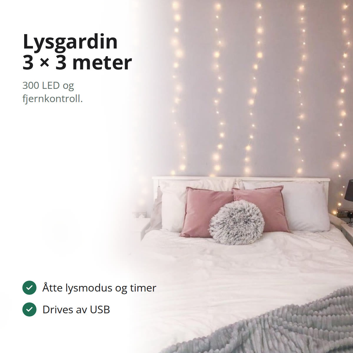 Lysgardin med varmhvite LED-lys på veggen bak en seng