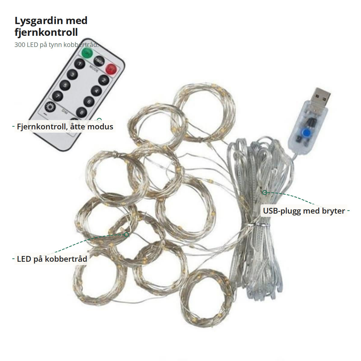 Lysgardinen merket med fjernkontroll, LED på kobbertråd og USB-plugg med bryter