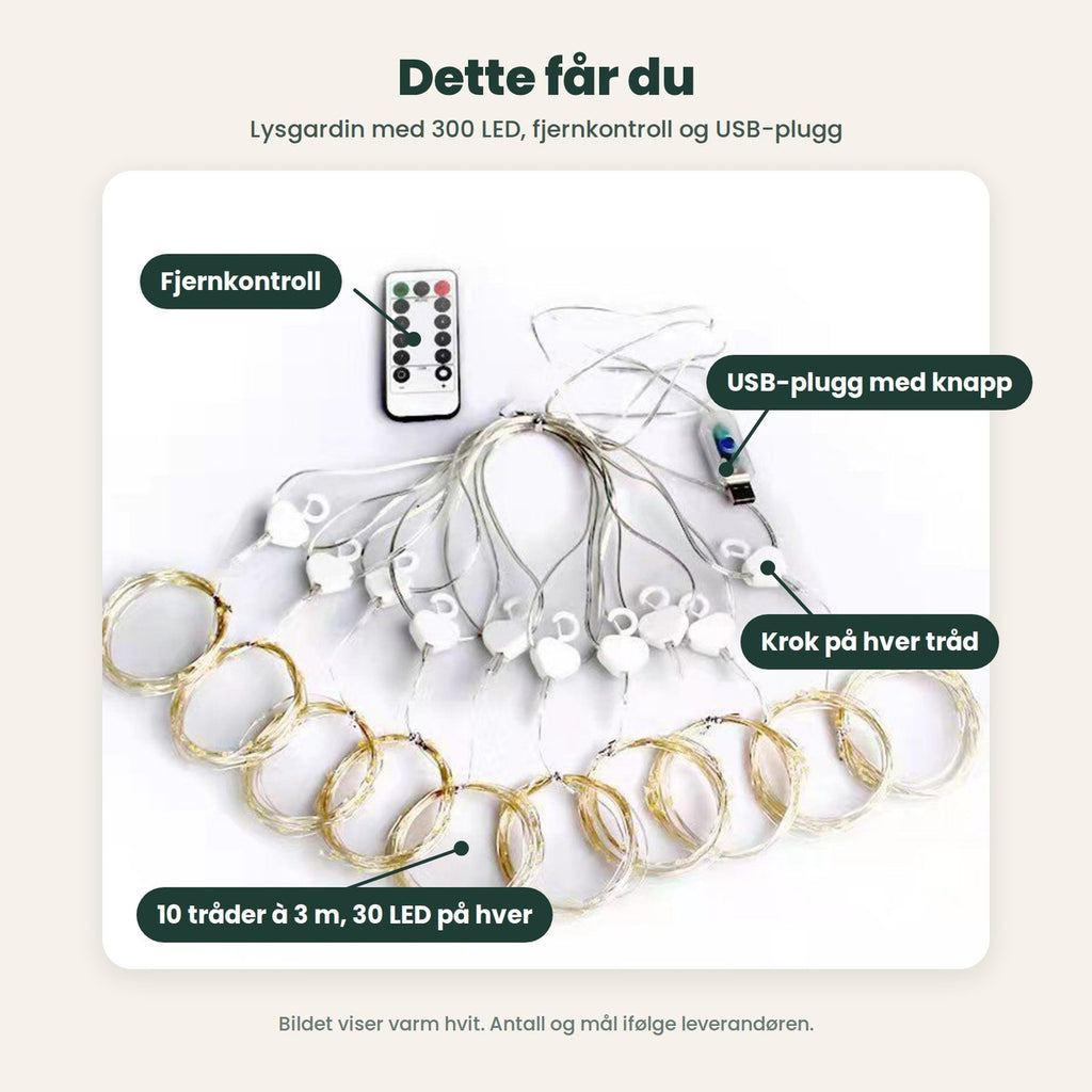 Dette får du: lysgardin med ti tråder og en krok på hver tråd, fjernkontroll og USB-plugg med knapp
