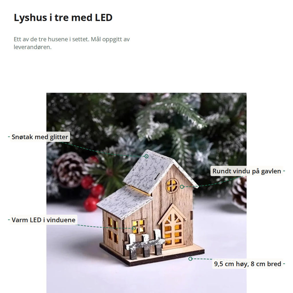 Lyshuset merket med snøtak med glitter, rundt vindu på gavlen, varm LED i vinduene og målene 9,5 cm høy og 8 cm bred