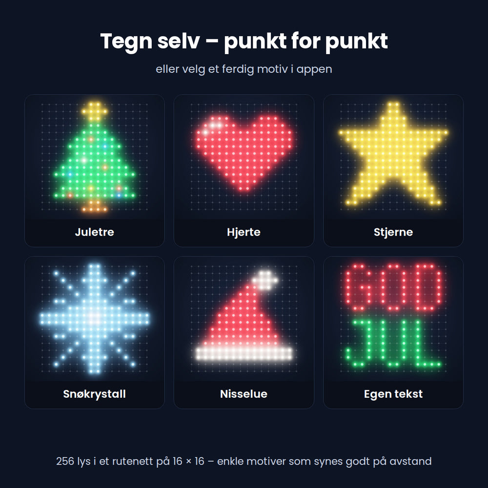Seks motiver på Lysrute-nettet: juletre, hjerte, stjerne, snøkrystall, nisselue og egen tekst