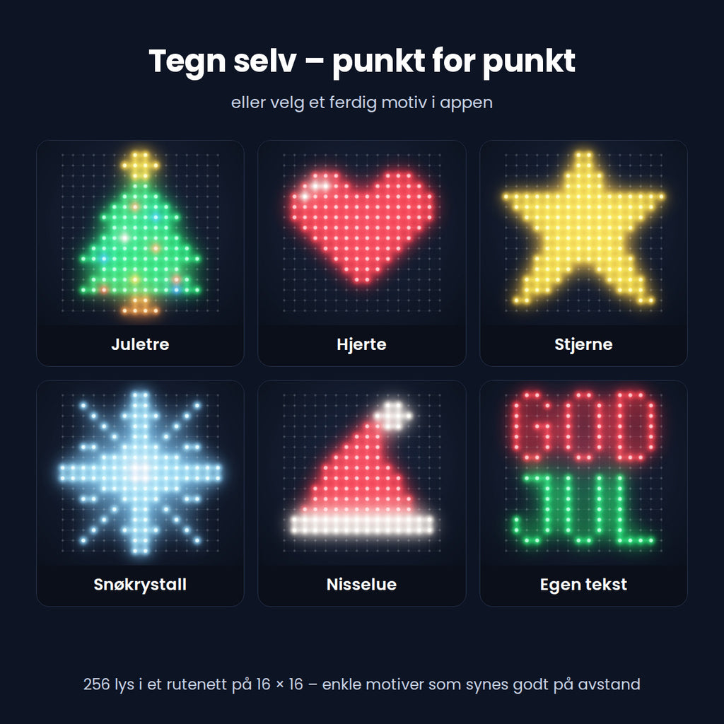 Seks motiver på Lysrute-nettet: juletre, hjerte, stjerne, snøkrystall, nisselue og egen tekst