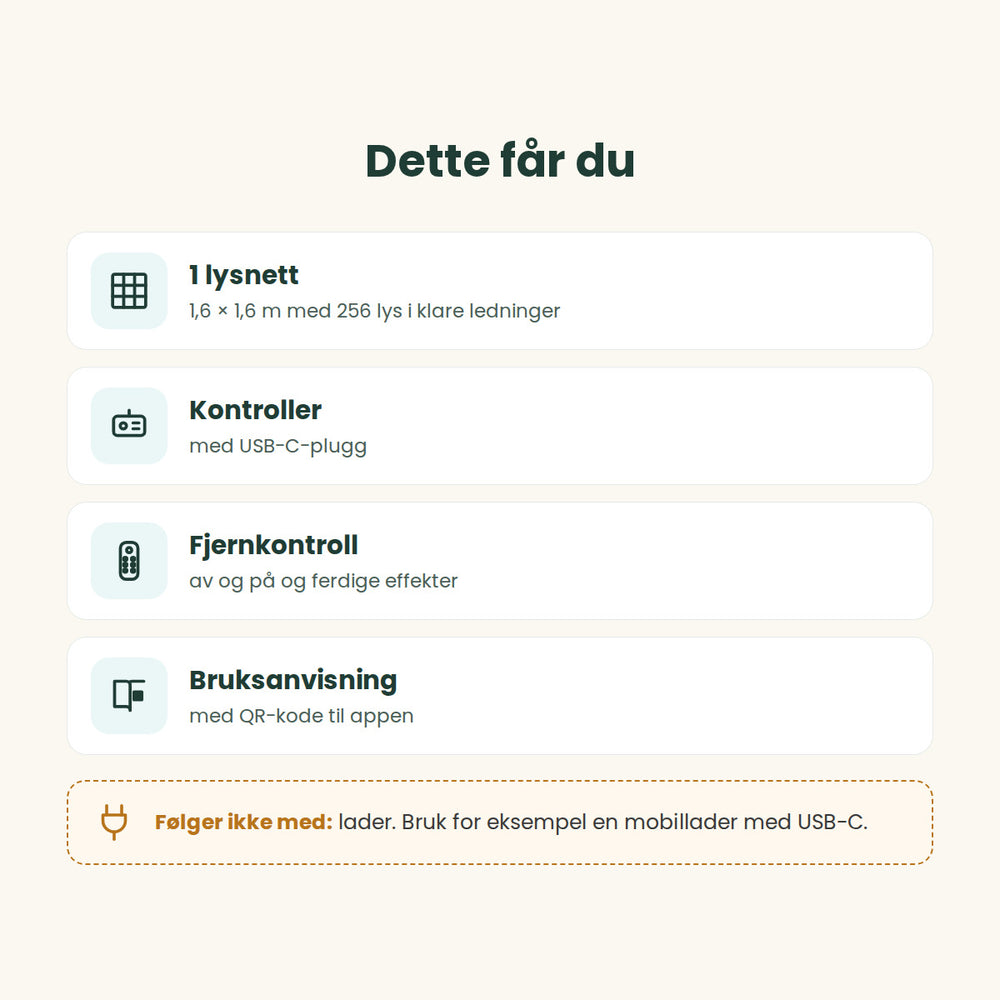 Dette får du: lysnett, kontroller med USB-C-plugg, fjernkontroll og bruksanvisning – USB-C-lader følger ikke med