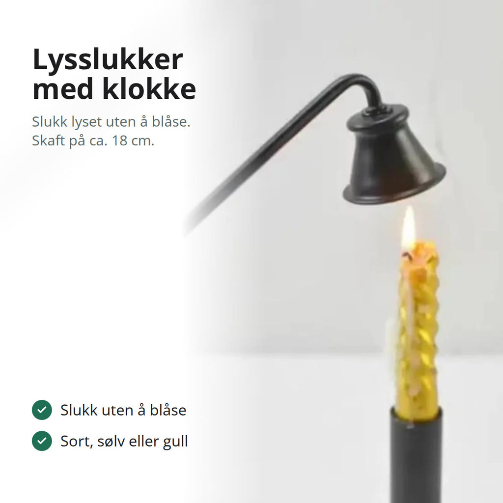 Sort lysslukker med klokke som senkes over flammen på et tent kronelys