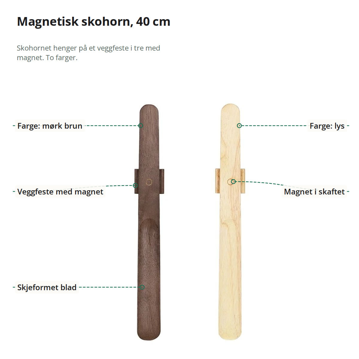 Magnetisk skohorn i mørk brun og lys utgave, merket med veggfeste med magnet, magnet i skaftet og skjeformet blad