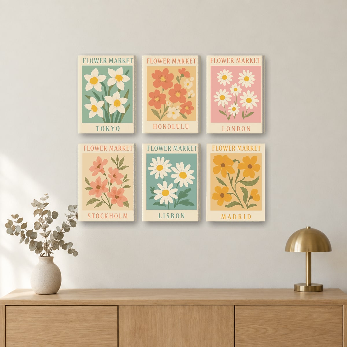 Maling etter tall «Blomstermarked»: seks ferdige minimalerier på veggen
