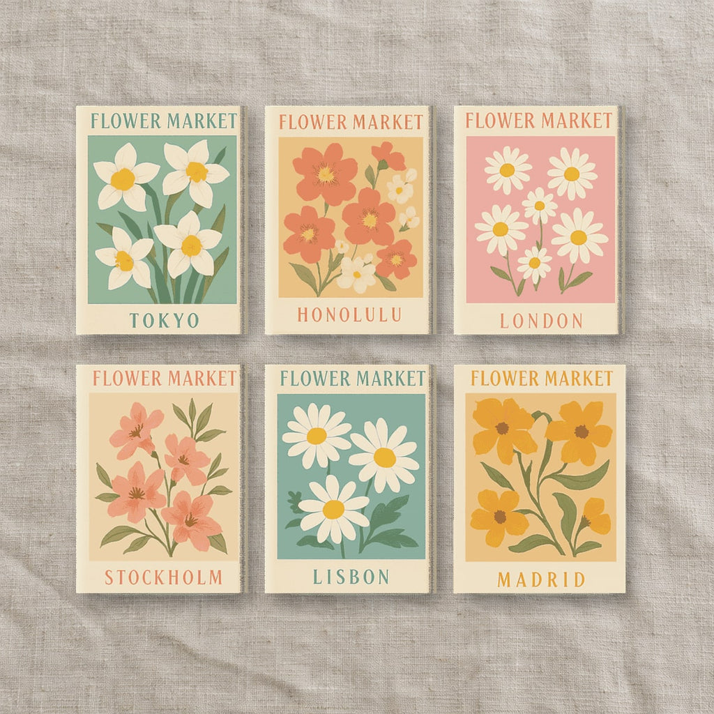 De seks lerretene i settet «Blomstermarked»