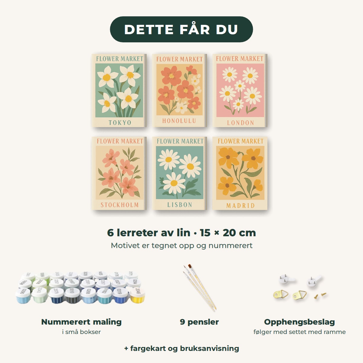 Dette får du: 6 lerreter 15 × 20 cm, nummerert maling, 9 pensler, opphengsbeslag, fargekart og bruksanvisning