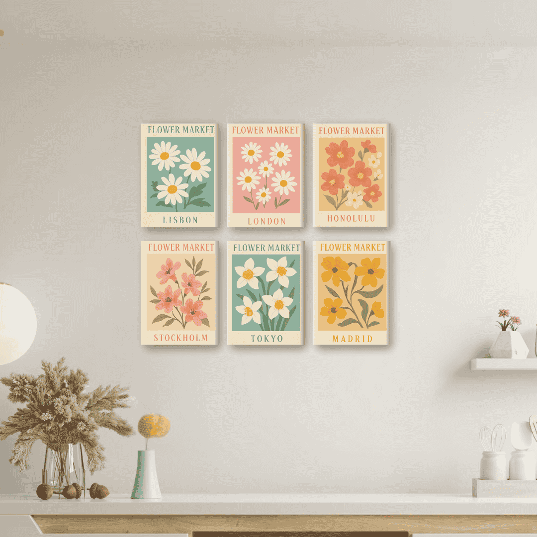 Settet «Blomstermarked» hengt opp på veggen