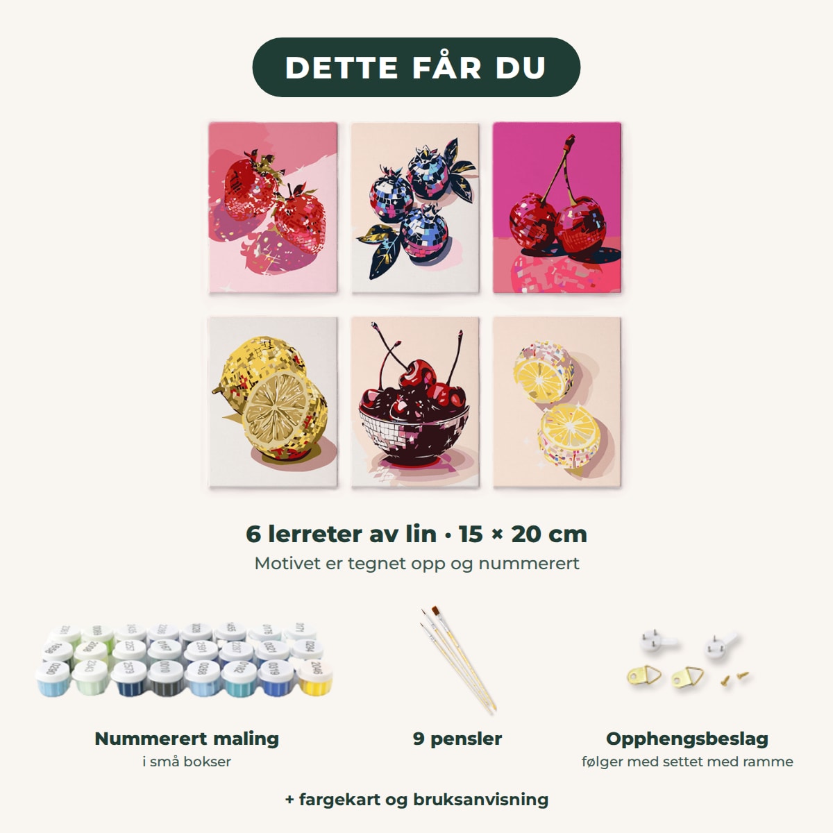Dette får du: 6 lerreter 15 × 20 cm, nummerert maling, 9 pensler, opphengsbeslag, fargekart og bruksanvisning