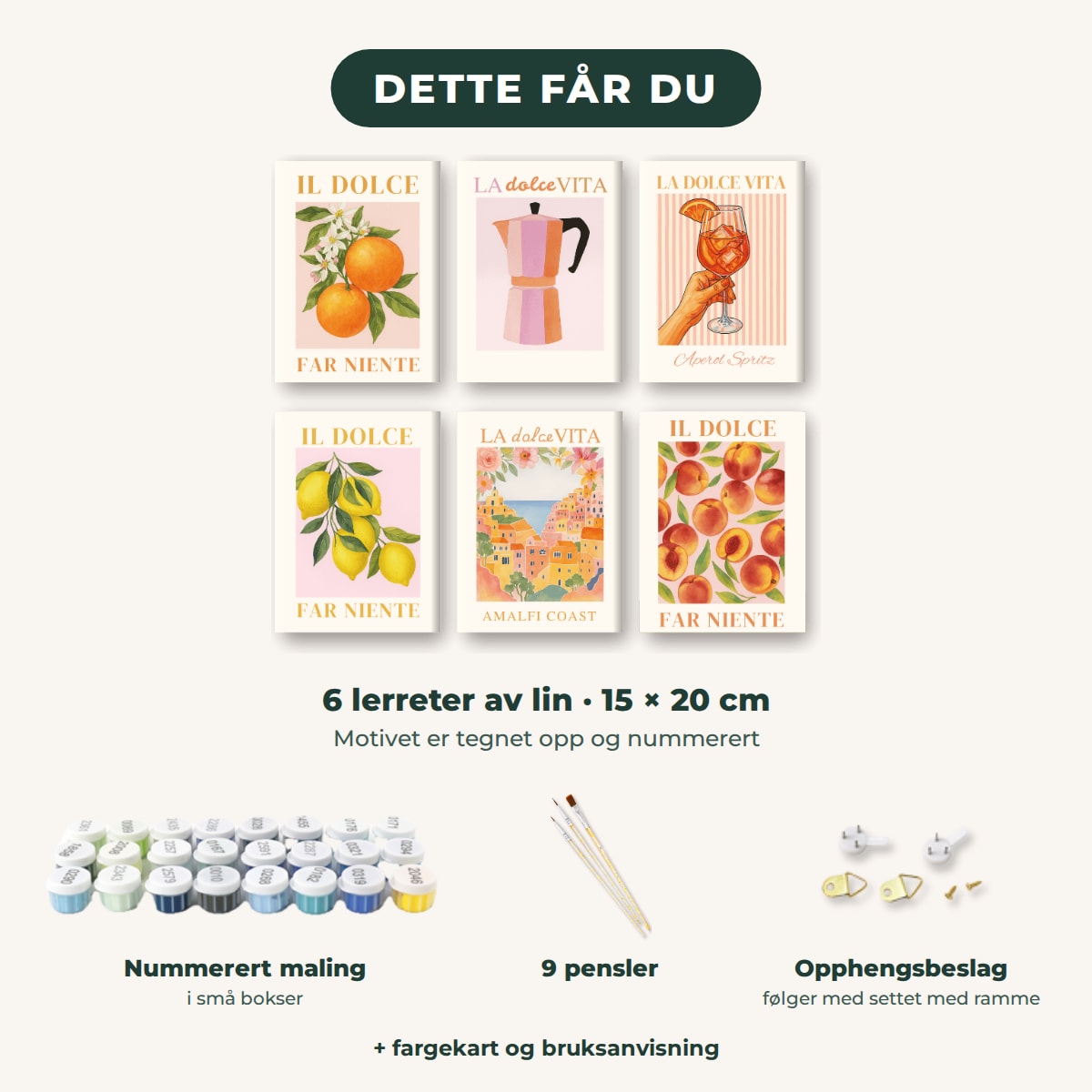 Dette får du: 6 lerreter 15 × 20 cm, nummerert maling, 9 pensler, opphengsbeslag, fargekart og bruksanvisning