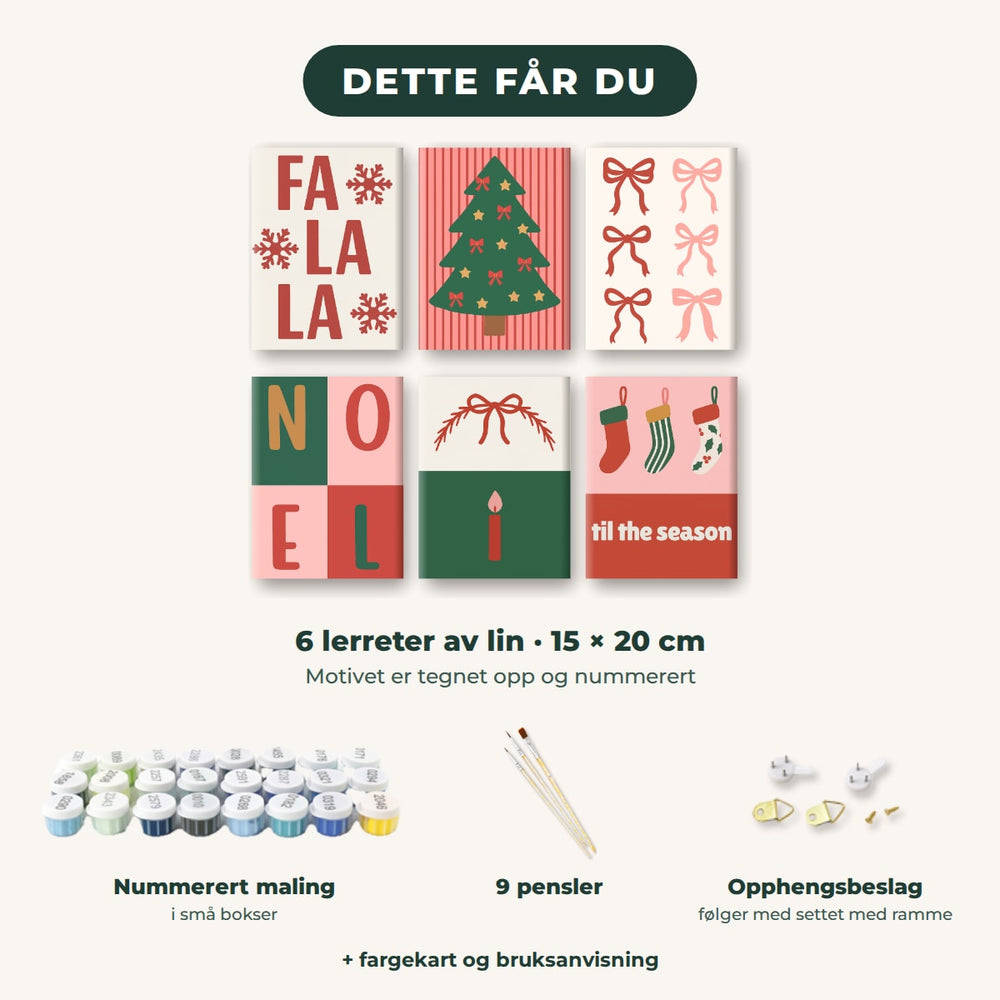 Dette får du: 6 lerreter 15 × 20 cm, nummerert maling, 9 pensler, opphengsbeslag, fargekart og bruksanvisning