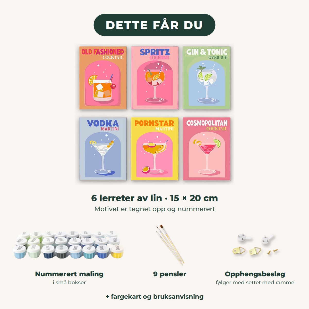 Dette får du: 6 lerreter 15 × 20 cm, nummerert maling, 9 pensler, opphengsbeslag, fargekart og bruksanvisning