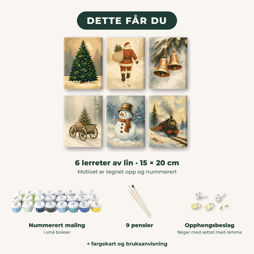 Dette får du: 6 lerreter 15 × 20 cm, nummerert maling, 9 pensler, opphengsbeslag, fargekart og bruksanvisning