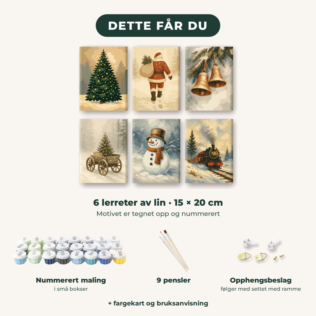 Dette får du: 6 lerreter 15 × 20 cm, nummerert maling, 9 pensler, opphengsbeslag, fargekart og bruksanvisning