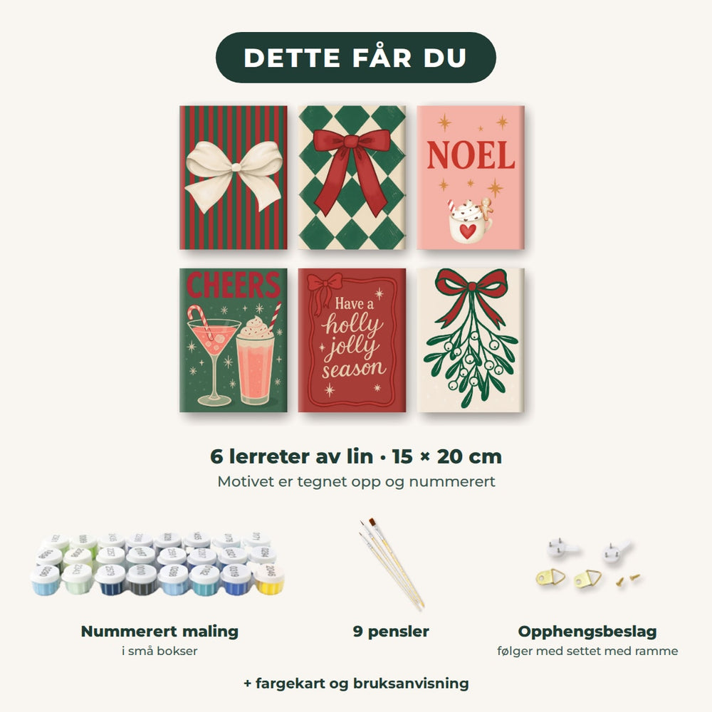 Dette får du: 6 lerreter 15 × 20 cm, nummerert maling, 9 pensler, opphengsbeslag, fargekart og bruksanvisning