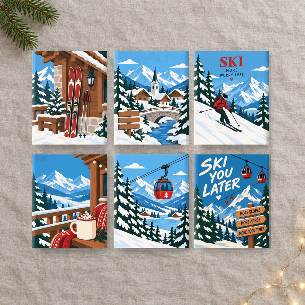De seks lerretene i settet «Hytte og ski»