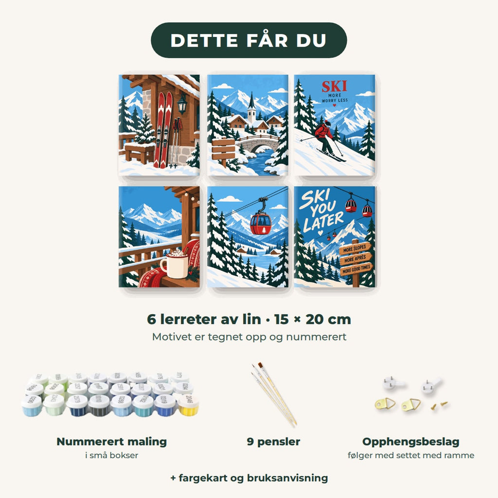 Dette får du: 6 lerreter 15 × 20 cm, nummerert maling, 9 pensler, opphengsbeslag, fargekart og bruksanvisning