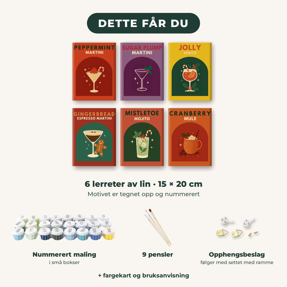 Dette får du: 6 lerreter 15 × 20 cm, nummerert maling, 9 pensler, opphengsbeslag, fargekart og bruksanvisning