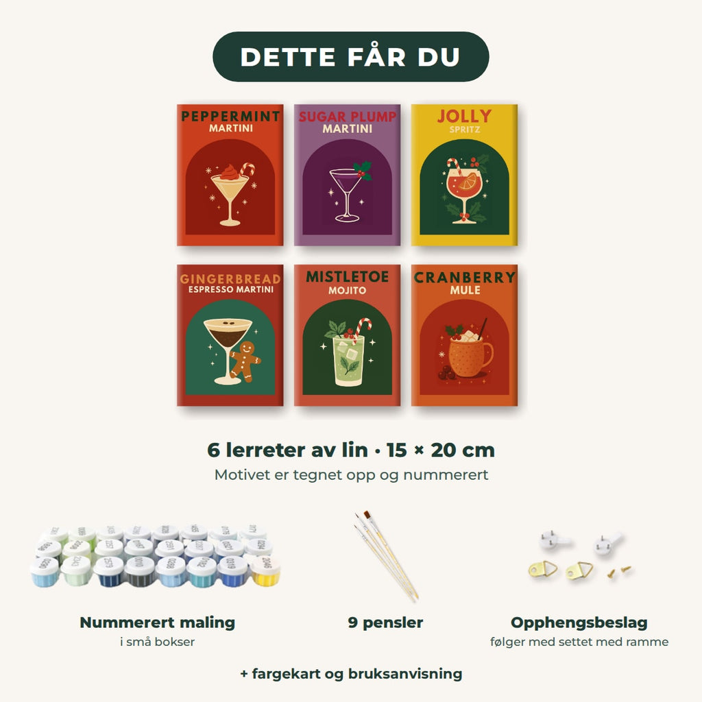 Dette får du: 6 lerreter 15 × 20 cm, nummerert maling, 9 pensler, opphengsbeslag, fargekart og bruksanvisning