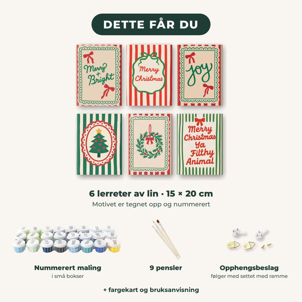 Dette får du: 6 lerreter 15 × 20 cm, nummerert maling, 9 pensler, opphengsbeslag, fargekart og bruksanvisning