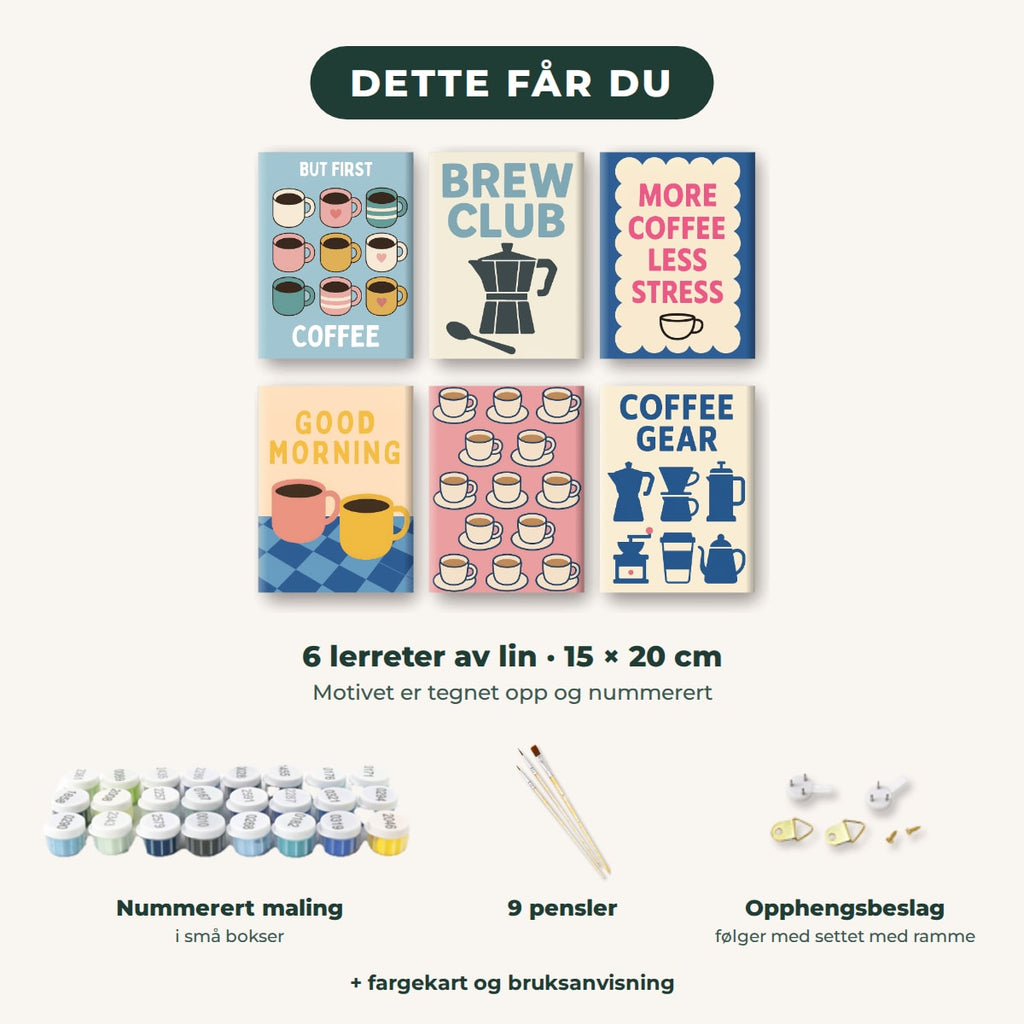 Dette får du: 6 lerreter 15 × 20 cm, nummerert maling, 9 pensler, opphengsbeslag, fargekart og bruksanvisning