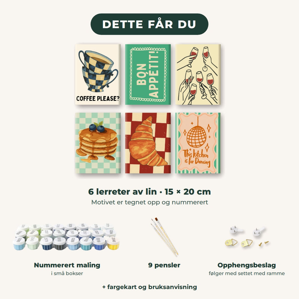 Dette får du: 6 lerreter 15 × 20 cm, nummerert maling, 9 pensler, opphengsbeslag, fargekart og bruksanvisning