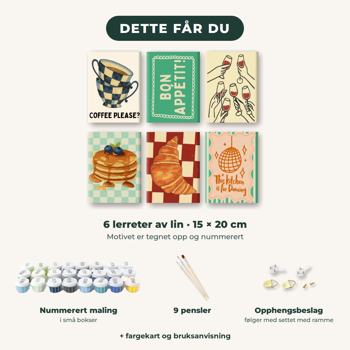 Dette får du: 6 lerreter 15 × 20 cm, nummerert maling, 9 pensler, opphengsbeslag, fargekart og bruksanvisning