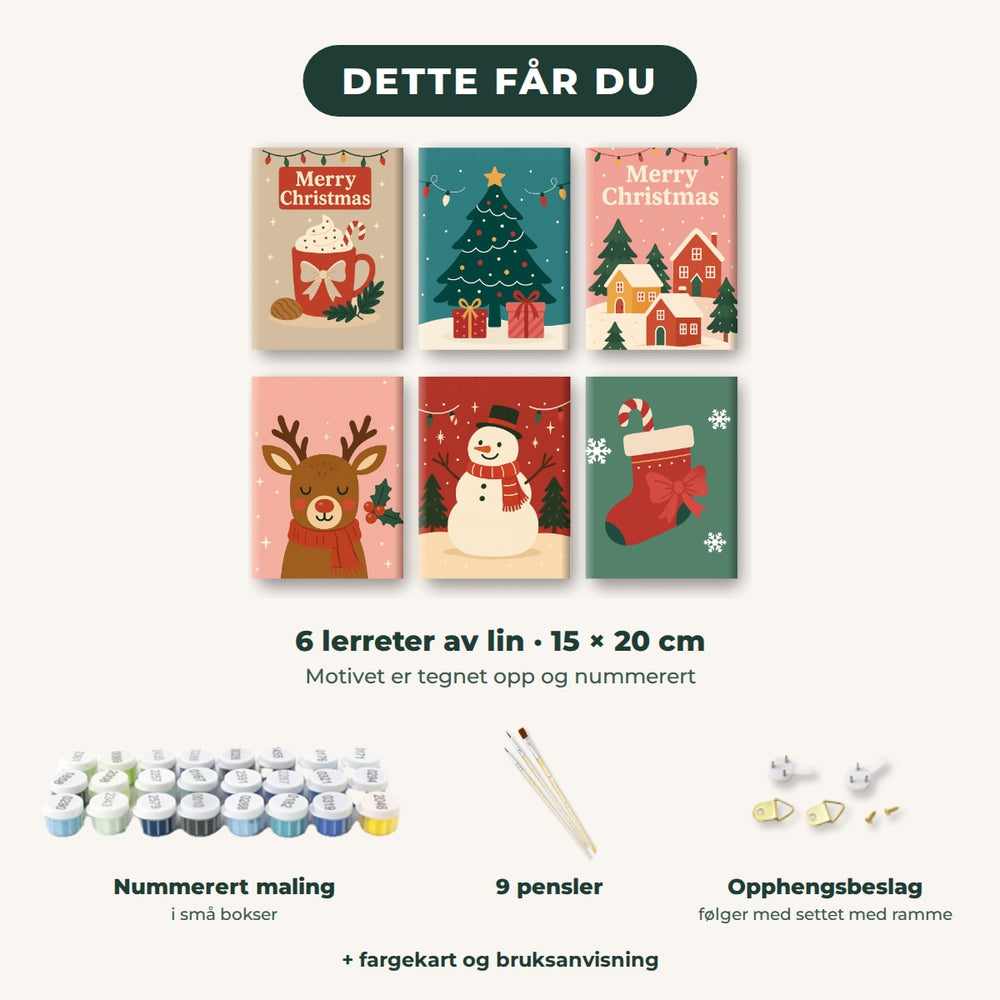 Dette får du: 6 lerreter 15 × 20 cm, nummerert maling, 9 pensler, opphengsbeslag, fargekart og bruksanvisning