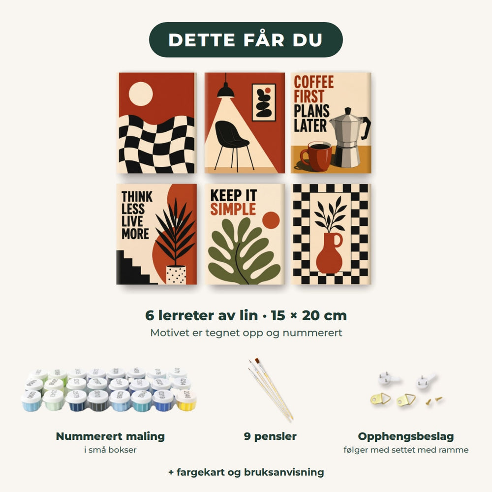 Dette får du: 6 lerreter 15 × 20 cm, nummerert maling, 9 pensler, opphengsbeslag, fargekart og bruksanvisning