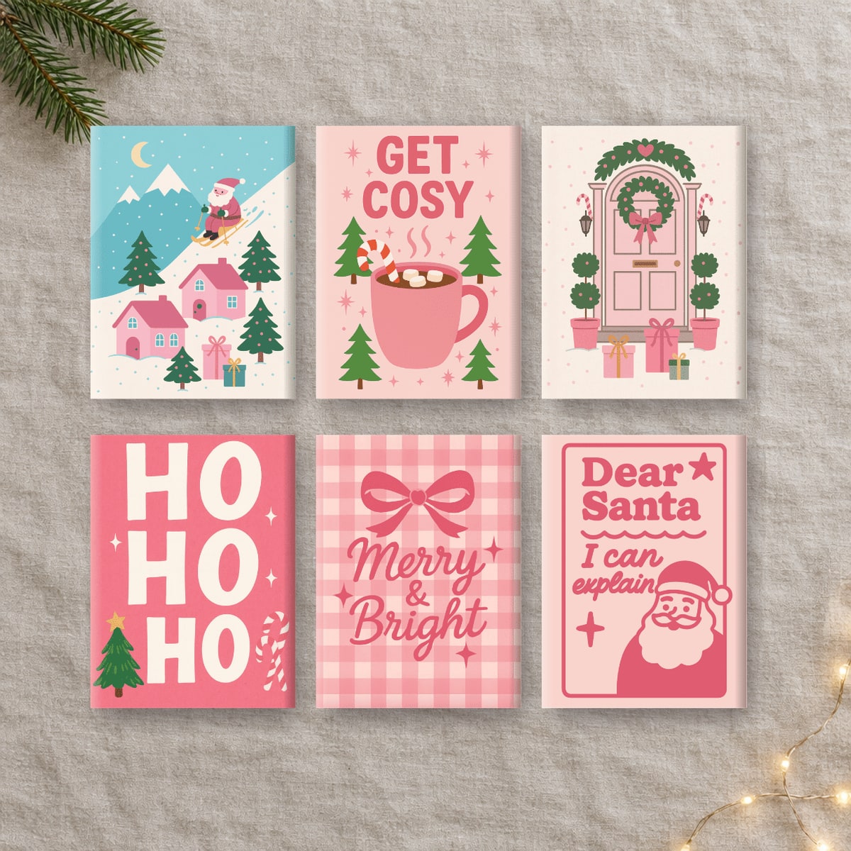 De seks lerretene i settet «Rosa jul»