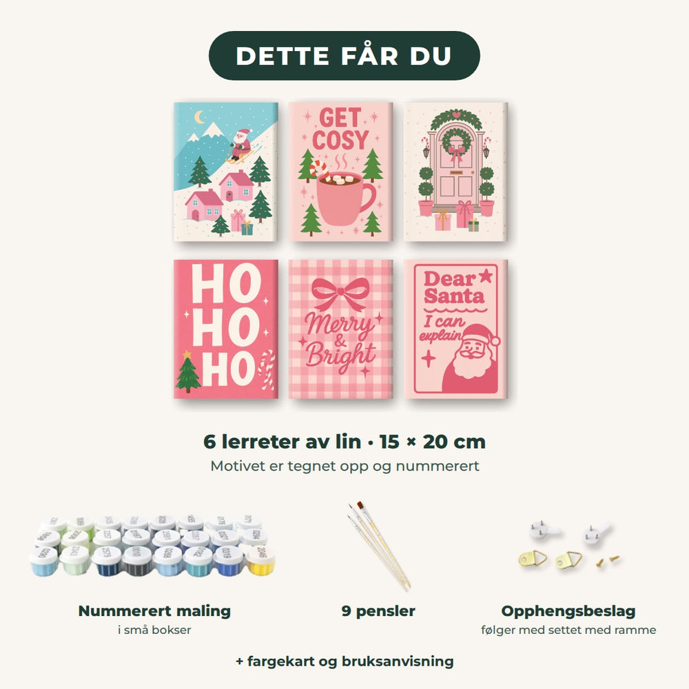 Dette får du: 6 lerreter 15 × 20 cm, nummerert maling, 9 pensler, opphengsbeslag, fargekart og bruksanvisning