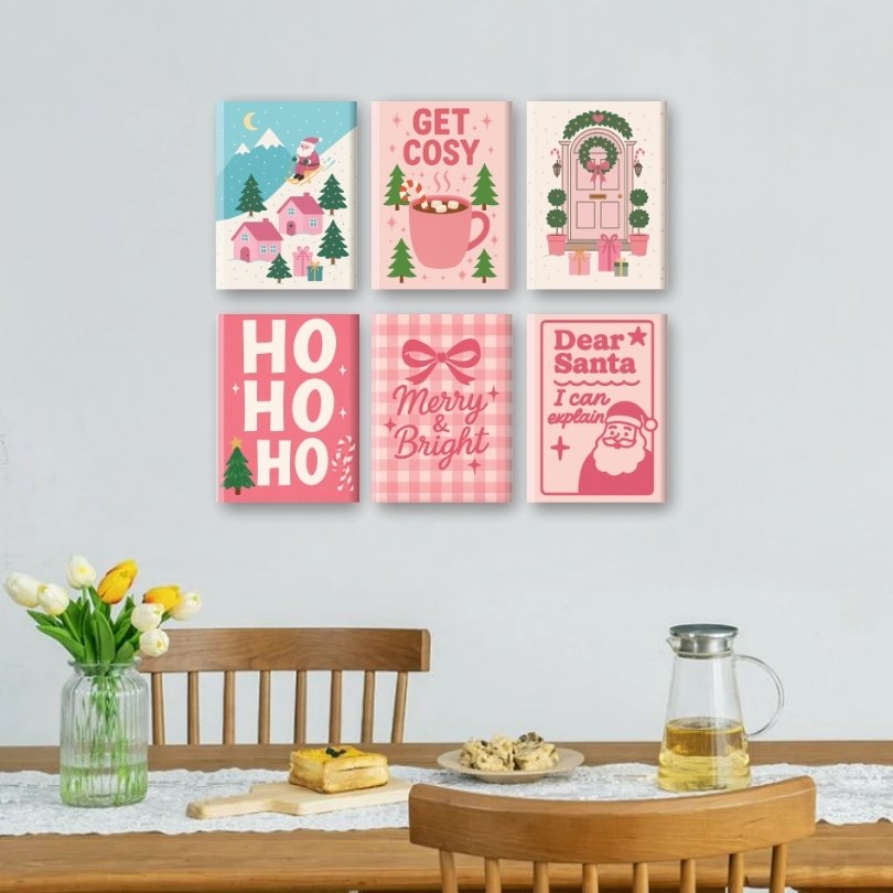 Settet «Rosa jul» hengt opp på veggen