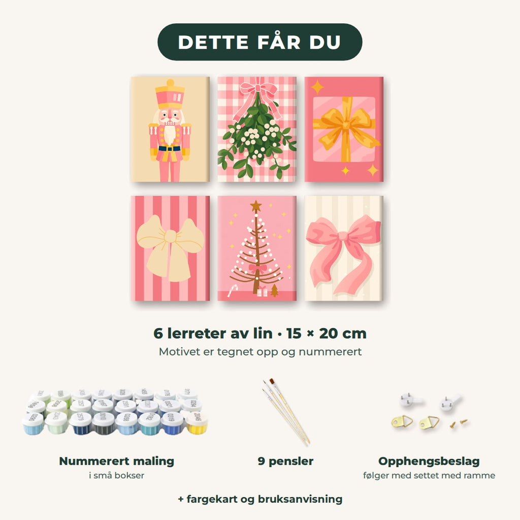Dette får du: 6 lerreter 15 × 20 cm, nummerert maling, 9 pensler, opphengsbeslag, fargekart og bruksanvisning
