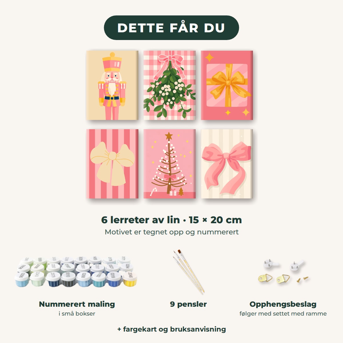 Dette får du: 6 lerreter 15 × 20 cm, nummerert maling, 9 pensler, opphengsbeslag, fargekart og bruksanvisning