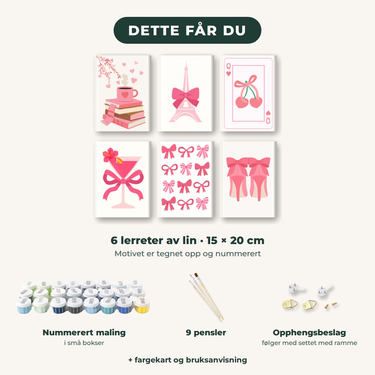 Dette får du: 6 lerreter 15 × 20 cm, nummerert maling, 9 pensler, opphengsbeslag, fargekart og bruksanvisning