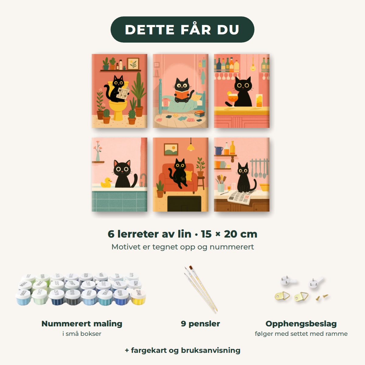 Dette får du: 6 lerreter 15 × 20 cm, nummerert maling, 9 pensler, opphengsbeslag, fargekart og bruksanvisning