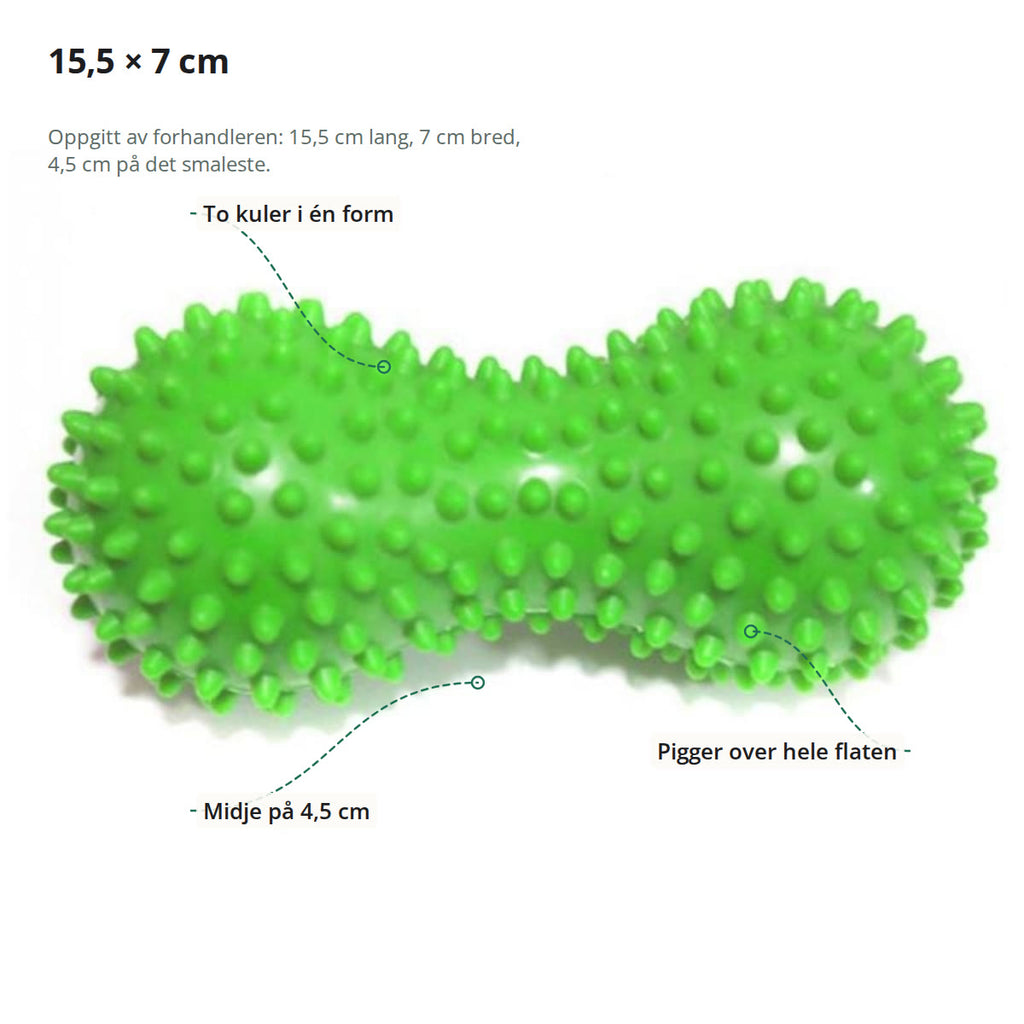 Massasjeballen merket: to kuler i én form, midje på 4,5 cm og pigger over hele flaten