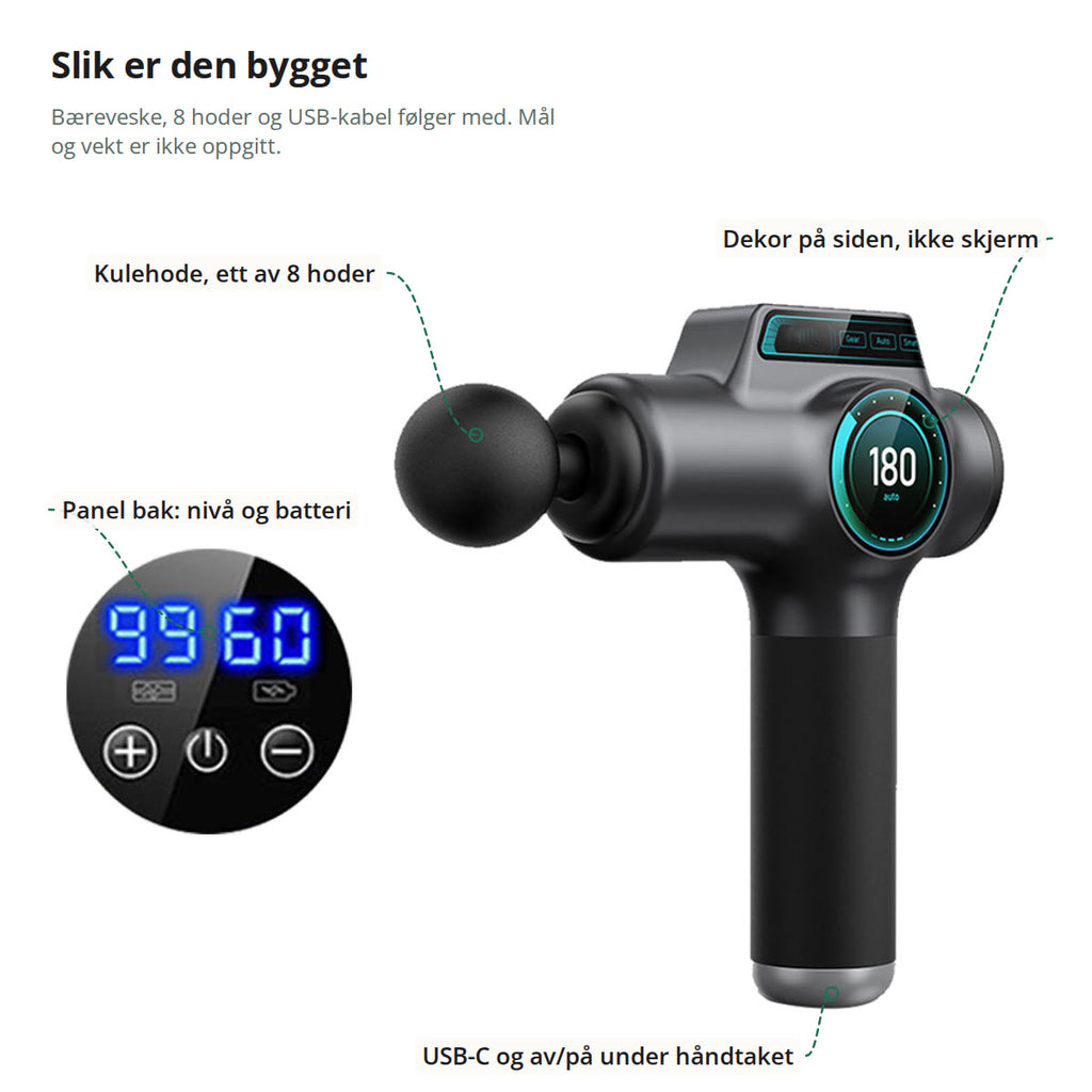 Massasjepistolen merket med kulehode, dekor på siden som ikke er skjerm, panelet bak for nivå og batteri, og USB-C og av/på-bryter under håndtaket