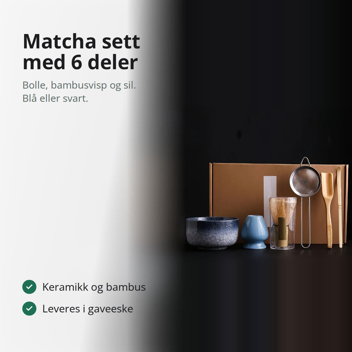 Matcha-sett med blå bolle, vispholder, bambusvisp, sil og bambusskjeer foran gaveesken