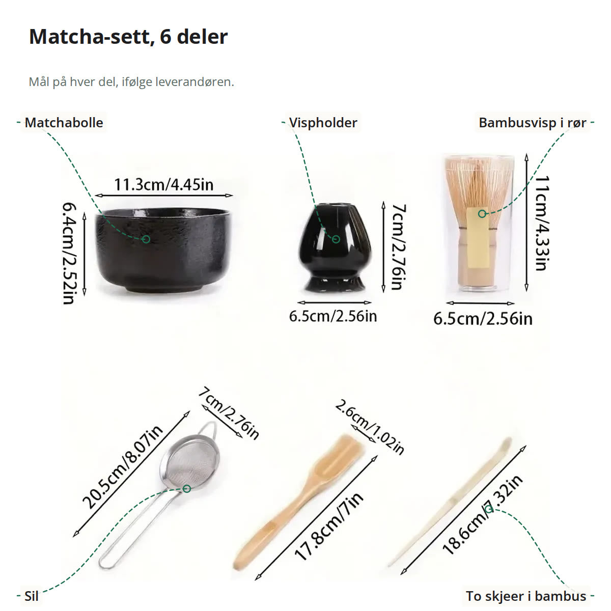 De seks delene i matcha-settet med mål: bolle, vispholder, bambusvisp, sil og to bambusskjeer