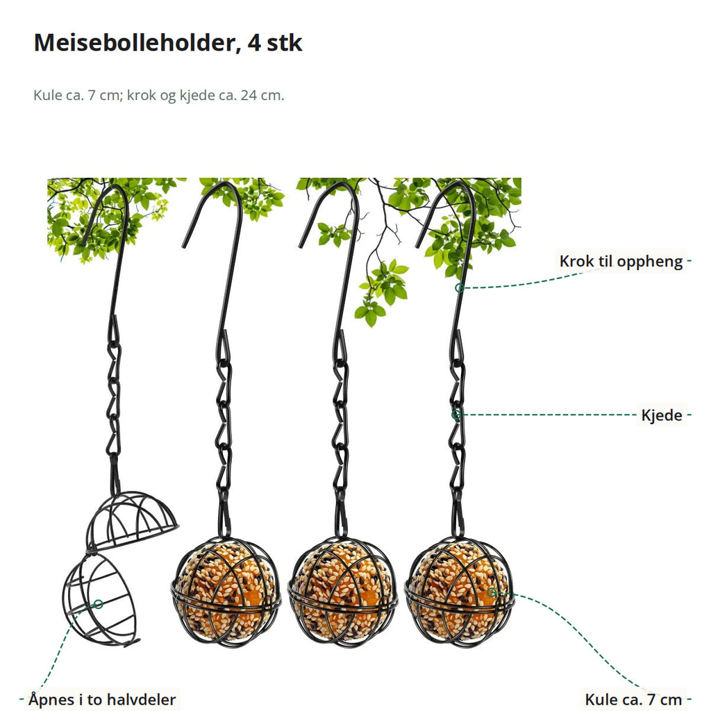 Meisebolleholder merket med krok til oppheng, kjede, kule på ca. 7 cm og kule som åpnes i to halvdeler