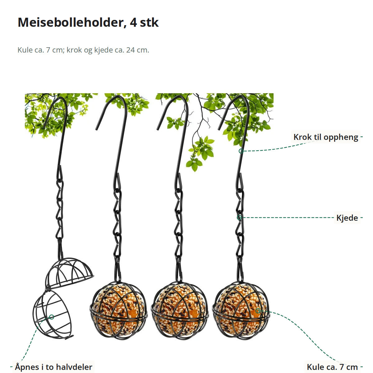 Meisebolleholder merket med krok til oppheng, kjede, kule på ca. 7 cm og kule som åpnes i to halvdeler