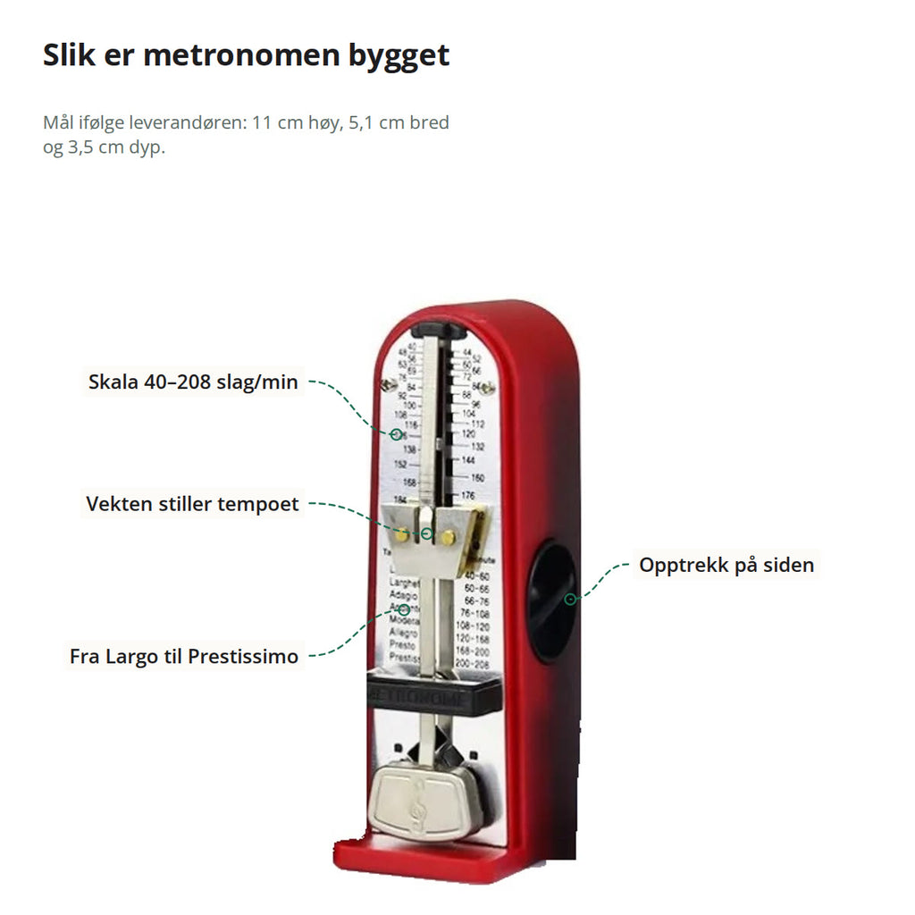 Metronomen merket med skalaen 40–208 slag i minuttet, vekten som stiller tempoet, tempobetegnelsene og opptrekket på siden