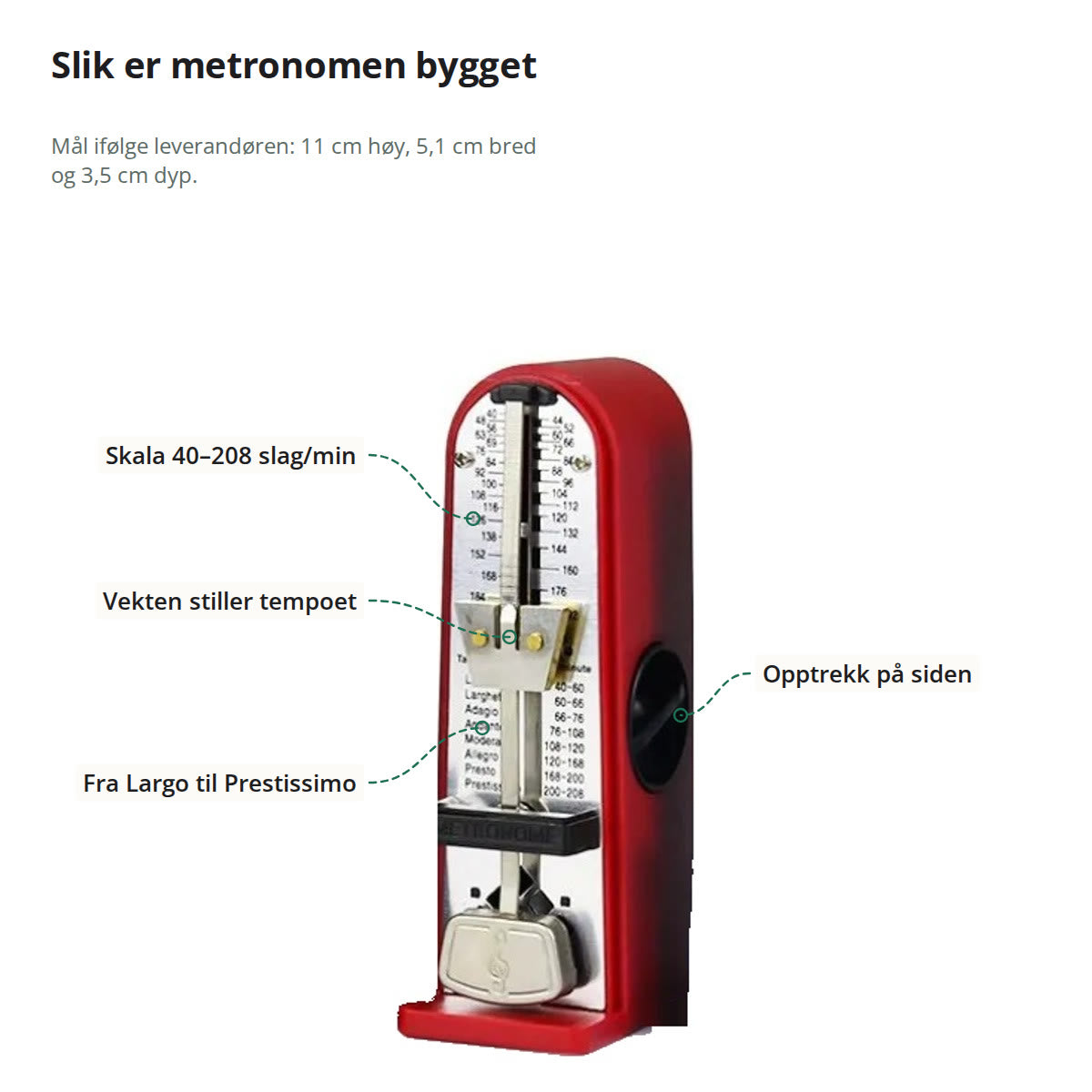 Metronomen merket med skalaen 40–208 slag i minuttet, vekten som stiller tempoet, tempobetegnelsene og opptrekket på siden