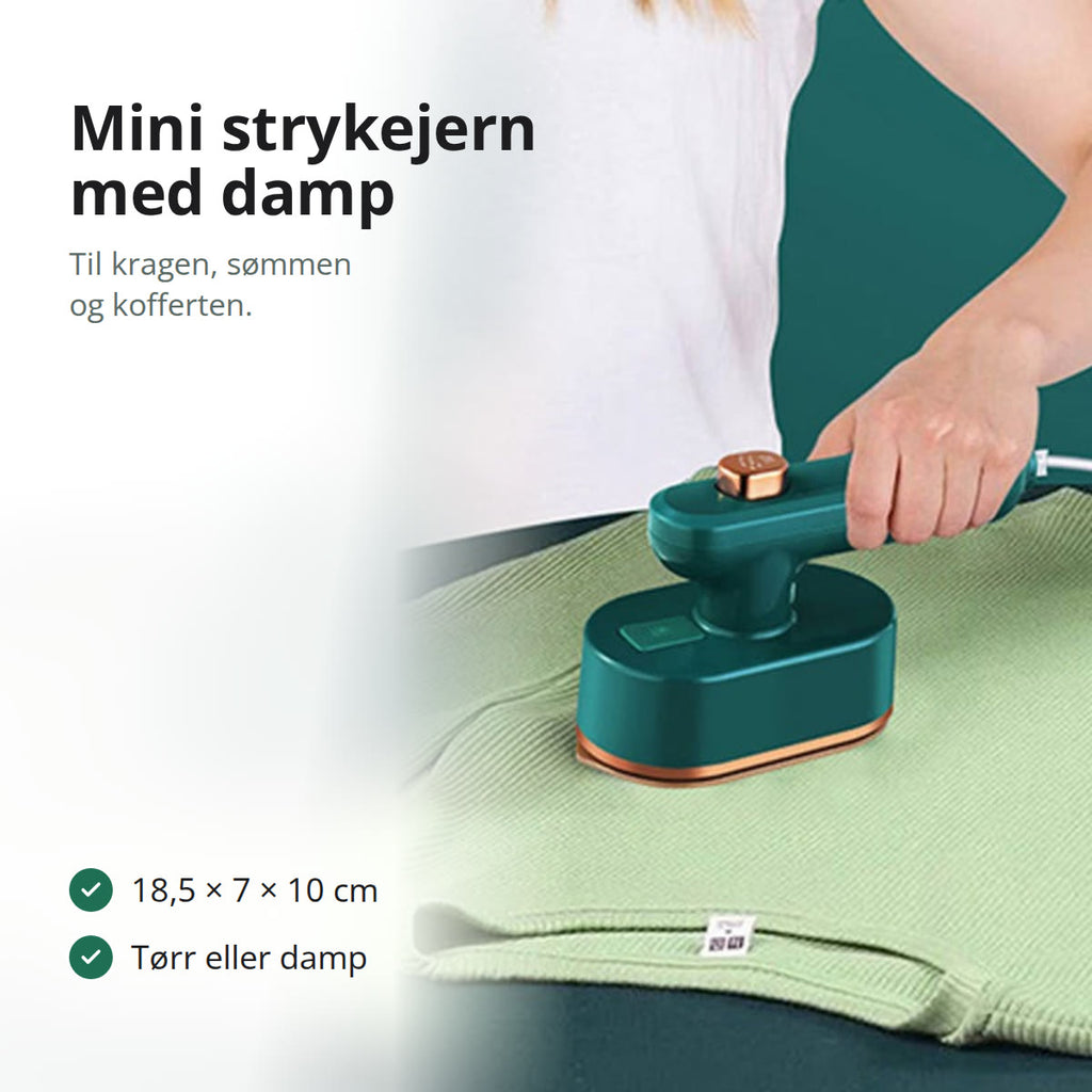 Hånd som stryker en grønn strikkegenser med et lite grønt dampstrykejern