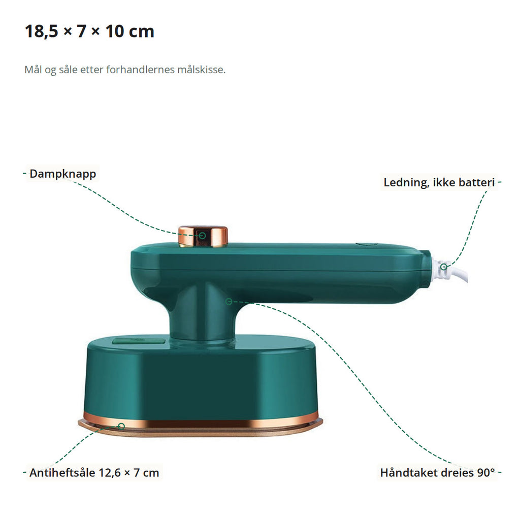 Det grønne mini strykejernet merket: dampknapp, ledning, antiheftsåle på 12,6 × 7 cm og håndtak som dreies 90°