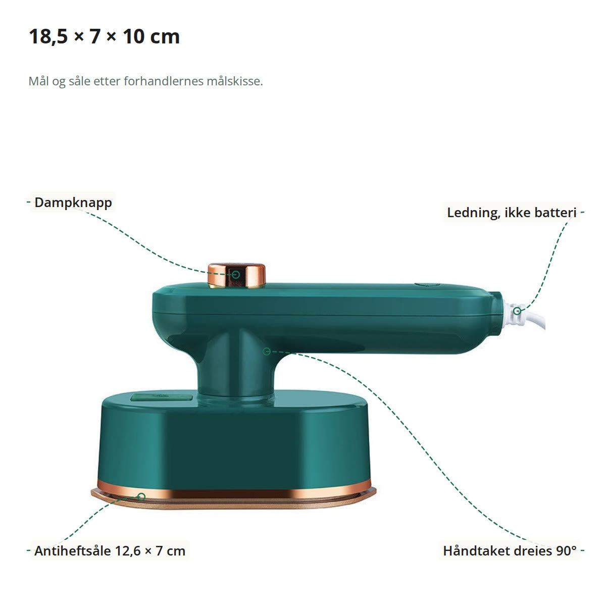 Det grønne mini strykejernet merket: dampknapp, ledning, antiheftsåle på 12,6 × 7 cm og håndtak som dreies 90°